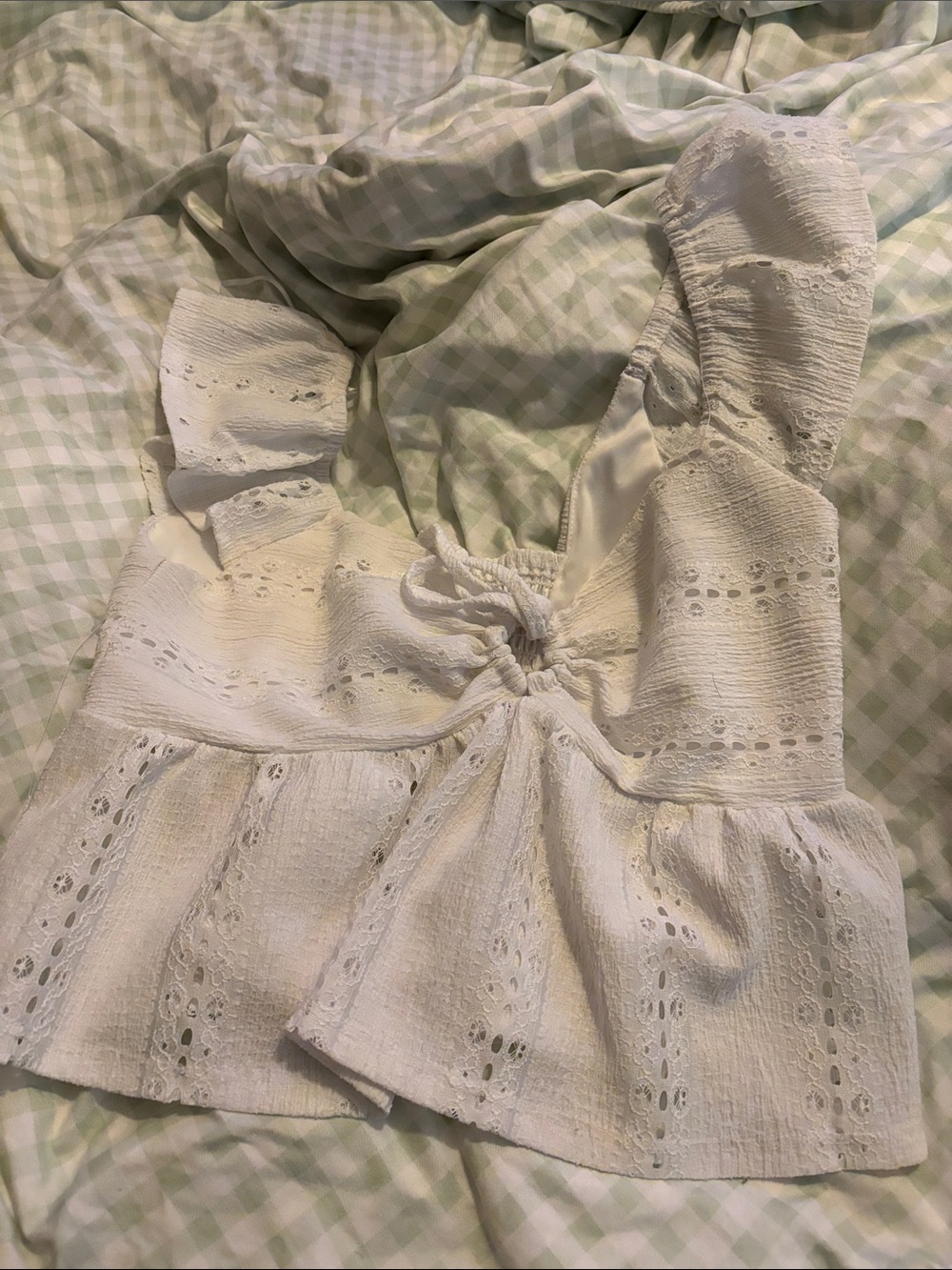 White Eyelet Tie-Front Crop Top with Ruffle Hem